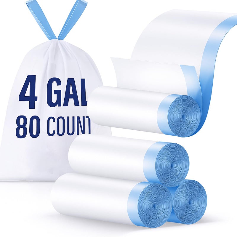 CCGeass 4 Gallon Small Trash Bags, Drawstring 4 Gallon Garbage Bags, Tear-Free Separated Unscented White Small Trash Bags Plastic Wastebasket Liners for Bathroom Toilet Home Office and Bedroom, 80 Count - Image 1